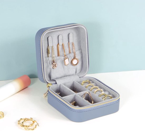Kleine sieraden dozen voor vrouwen | draagbare reis sieraden case | PU lederen sieraden organizer doos voor oorbellen, ring, kettingen (blauw grijs)
