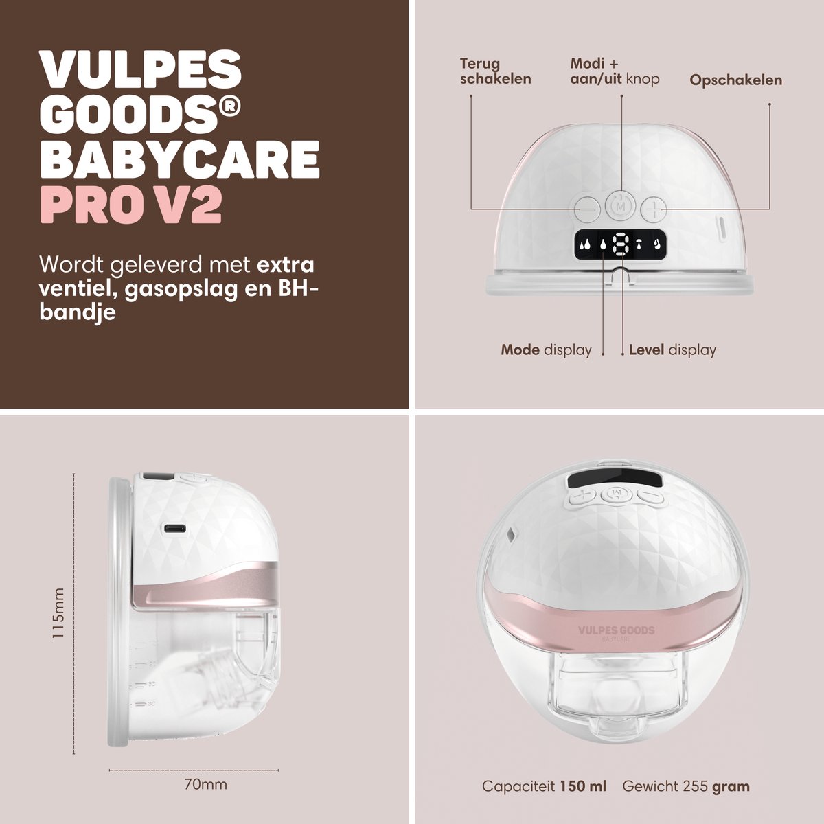 Vulpes Goods® BabyCare - Elektrische Draadloze Borstkolf - Handsfree & Draagbaar - met APP bediening - BPA-Vrij - Incl. Borstschildverkleiners, 30 Moedermelk Bewaarzakjes, Reistas & Kolfdagboek - PRO V2 thumbnail 4