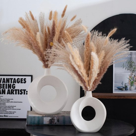 Tyywjw Keramische donutvaas wit voor pampasgras, 22,5 cm hoog, witte matte grote ronde vaas met gat, droogbloemen, bloemenvazen, moderne vazendecoratie voor kantoor, huis, slaapkamer, woonkamer