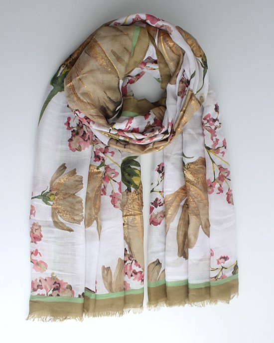 Lara bloemen scarf- Accessories Junkie Amsterdam- Sjaal dames- Dunne sjaal- Sjaal voor lente- Katoen- Omslagdoek- Cadeau- Bloemen print- Taupe
