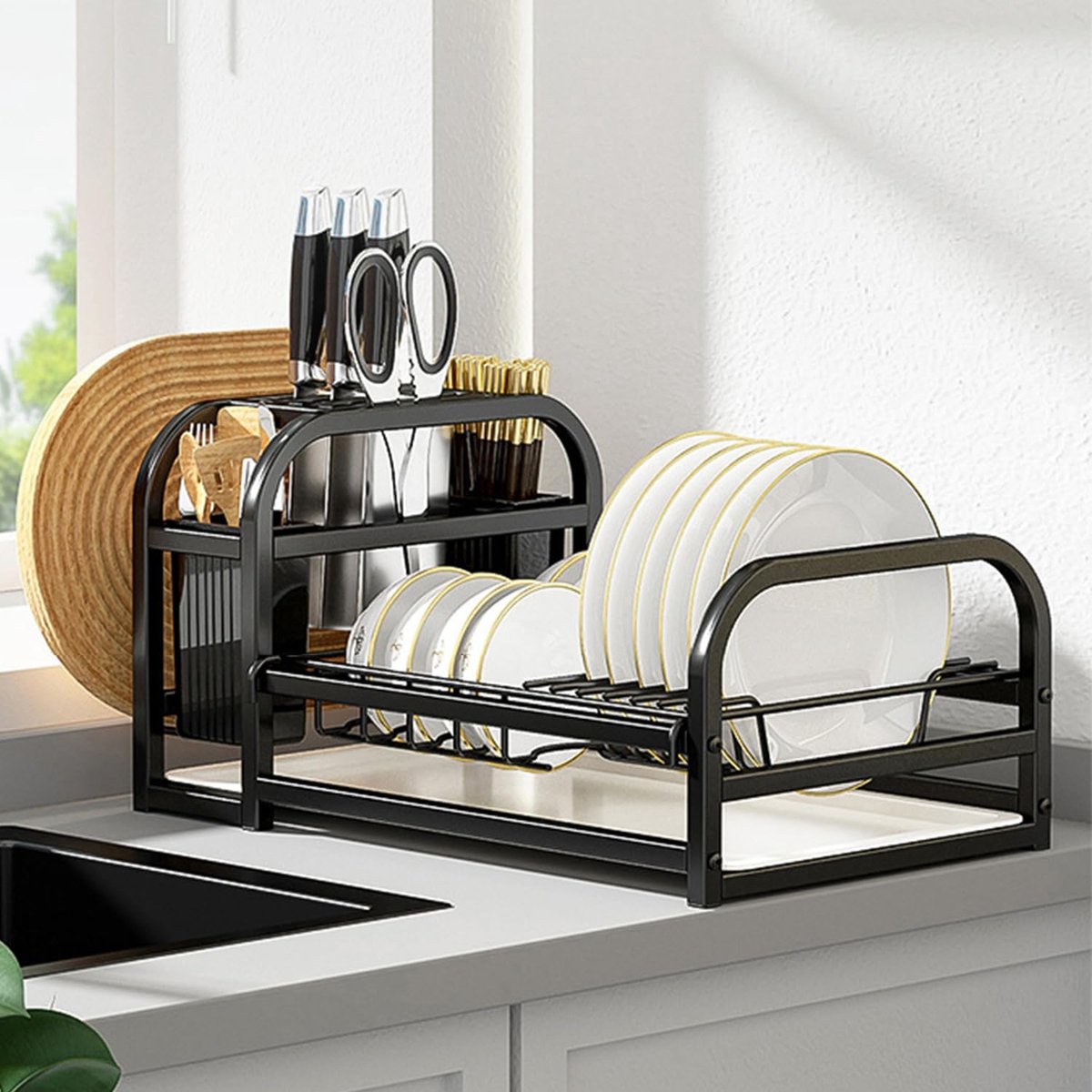 Goedkoopste Afdruiprek voor servies, afdruiprek, afdruiprek met keukengereihouder, geschikt als keukenorganizer, messenhouder, keukengereihouder