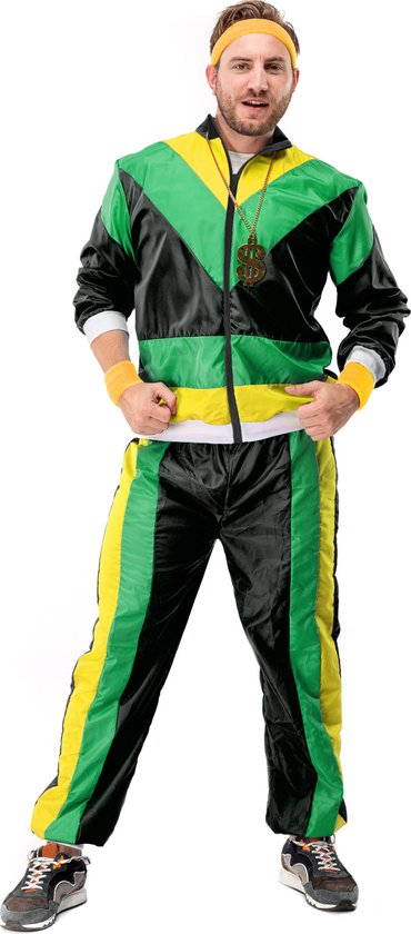 Original Replicas - Jaren 80 & 90 Kostuum - 80s Tracksuit Jamaican Jogger - Man - Groen, Zwart - Medium - Carnavalskleding - Verkleedkleding