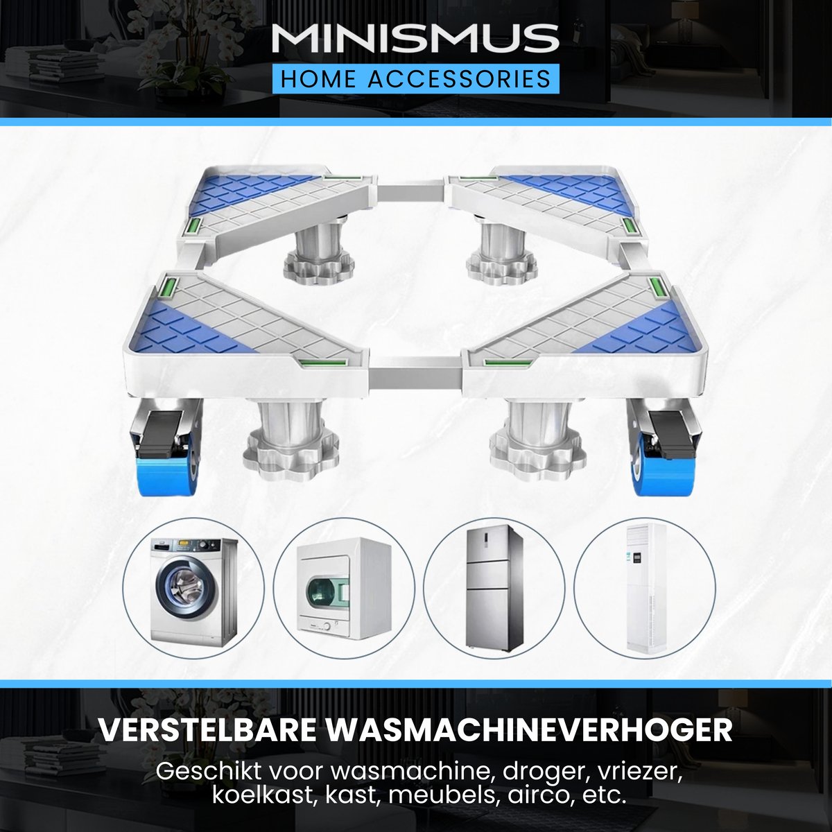 LILIIN Wasmachine sokkel onderstel stabiel met 8 voeten 4 wielen, verstelbare wasmachinebasis met antislip schokdemping (breedte 45-75 cm) berenbelasting max. 200 kg