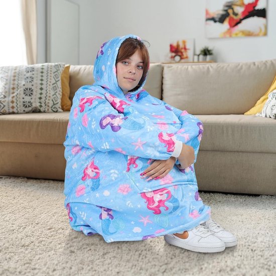 Oversized blauwe zeemeerminhoodie, deken, sweatshirt voor dames, knuffeltrui, warme flanellen deken