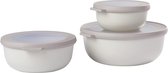 Multikommenset, 3-delig, rond, Nordic White, 350, 750 en 1250 ml, te gebruiken als voorraaddoos, koelkastdoos, vriesdoos, magnetronservies en serveerschaal met deksel