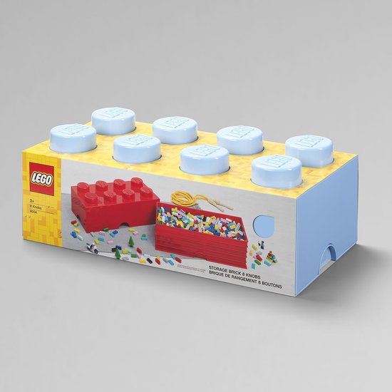 Emballage de brique de rangement LEGO 8 tenons, avec une boîte de rangement rouge contenant des blocs Lego et une corde à sauter.