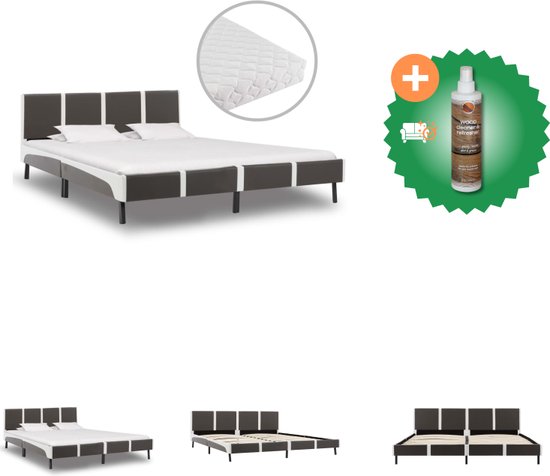 vidaXL Bed met matras grijs en wit kunstleer 180x200 cm - Bed - Inclusief Houtreiniger en verfrisser