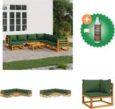 vidaXL 9 delige Loungeset met groene kussens massief hout Tuinset Inclusief Houtreiniger en verfrisser