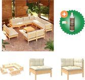 vidaXL Ensemble de salon 12 pièces avec coussins crème Ensemble de jardin en bois de pin comprenant un nettoyant et un rafraîchisseur pour bois