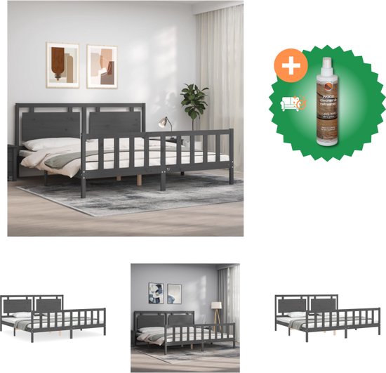 vidaXL Bedframe met hoofdbord massief hout grijs 200x200 cm - Bed - Inclusief Houtreiniger en verfrisser