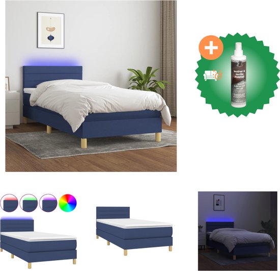 vidaXL Boxspring met matras en LED stof blauw 100x200 cm - Bed - Inclusief Reiniger