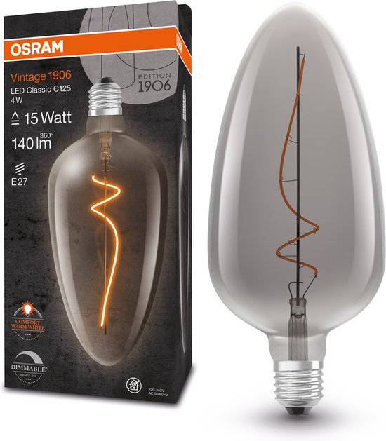 OSRAM Dimmbare LED-Lampen, Vintage-Edition, 15 Watts Ersatz, E27, C-shape, 1800 Kelvin, Comfort warm white, Klares Glas, single Pack