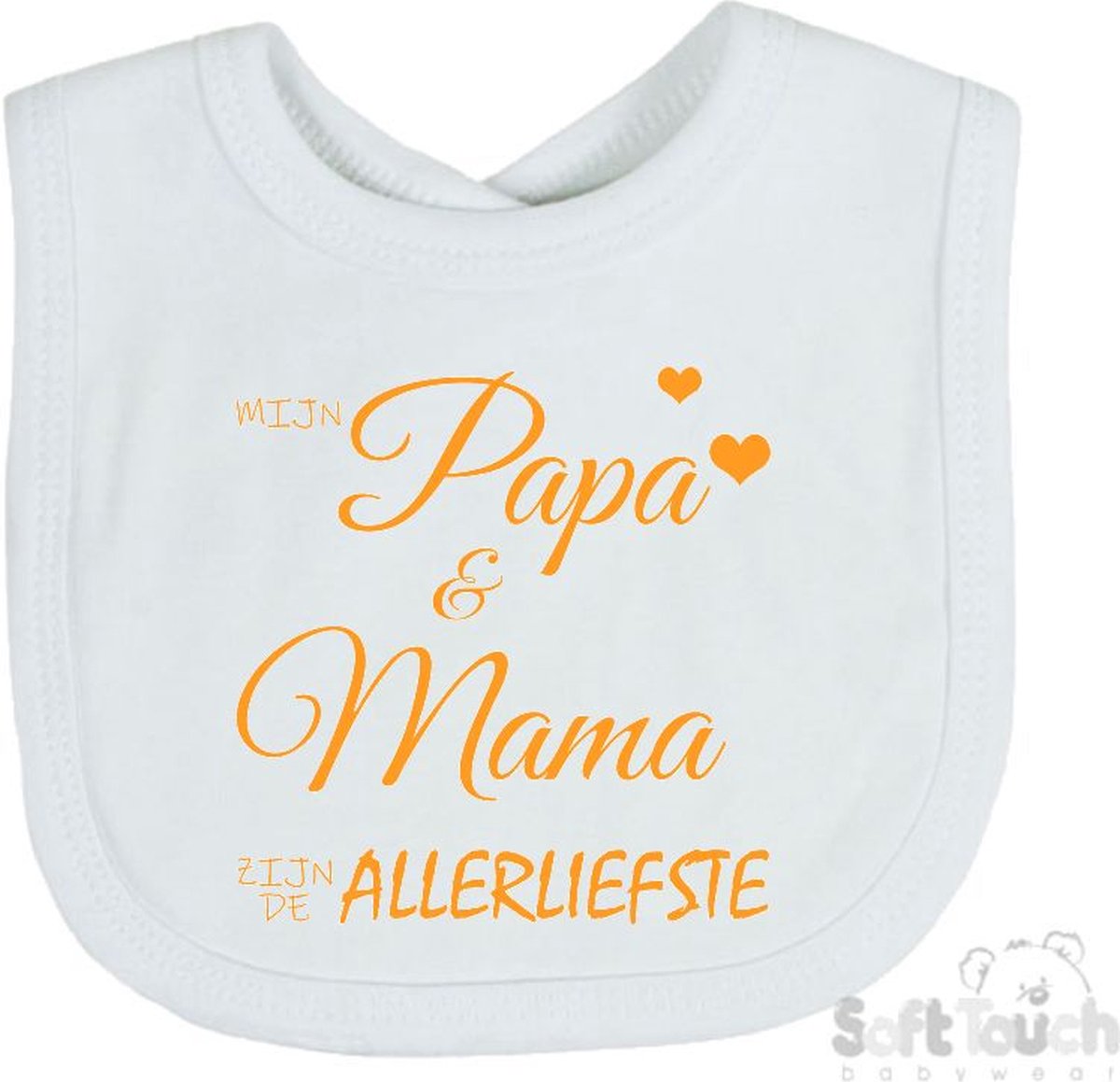 Goedkoopste Soft Touch Slabber Slabbetje Slab Mijn papa & mama zijn de allerliefste Unisex Katoen Wit/mosterd Maat 33x22 Cm
