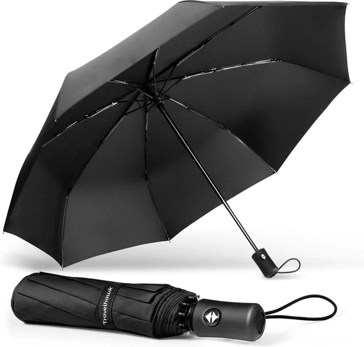 Travelhawk Stormparaplu opvouwbaar zwart beschermhoes