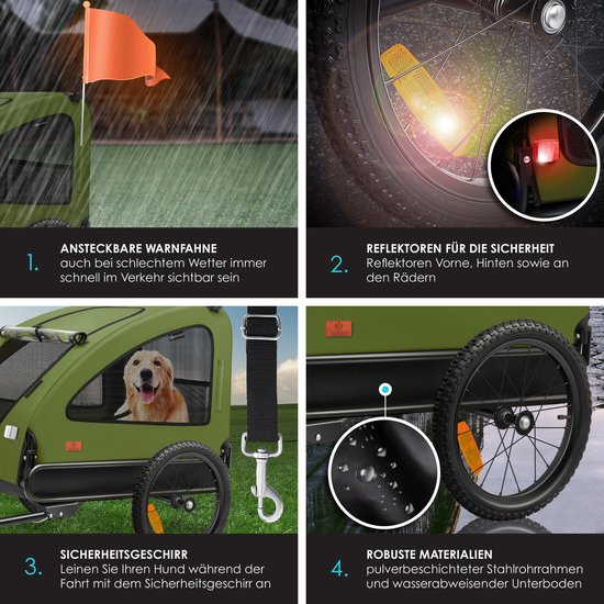 Groene hondenfietskar met golden retriever, in de regen, met reflectoren en veiligheidsharnas.