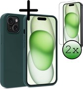 Hoes Geschikt voor iPhone 15 Plus Hoesje Siliconen Back Cover Case Met 2x Screenprotector - Hoesje Geschikt voor iPhone 15 Plus Hoes Cover Hoesje - Donkergroen