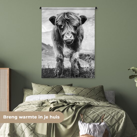 Wandkleed - Wanddoek - Schotse Hooglander - Berg - Zwart - Wit - 90x120 cm - Wandtapijt
