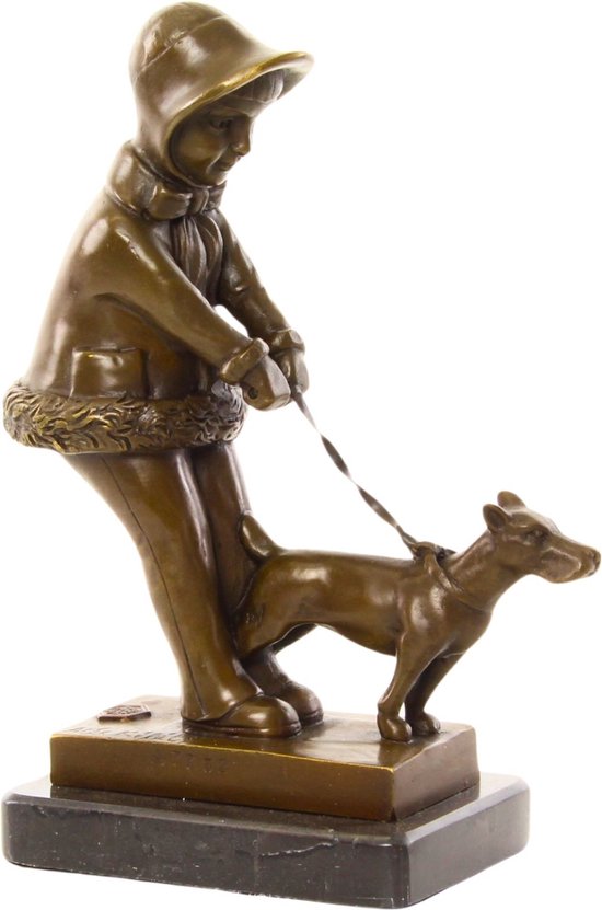 Meisje met Hond - Bronzen Beeld - Hondje Uitlaten Decoratie - Brons Beeldje op Marmer Voet - Kunst Beelden - Kunstwerk Sculptuur - 16x8x21
