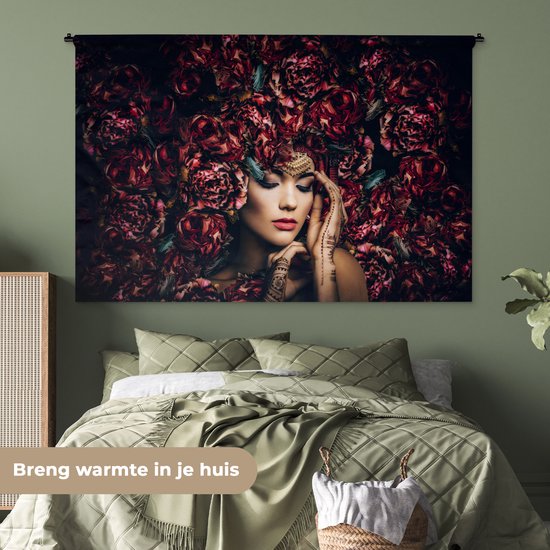 Wandkleed - Wanddoek - Vrouw - Bloemen - Henna - Portret - 180x120 cm - Wandtapijt