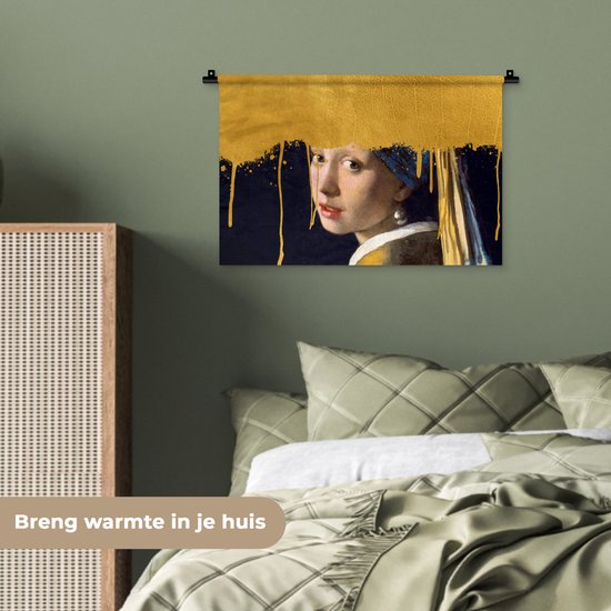 Wandkleed - Wanddoek - Meisje met de parel - Goud - Vermeer - 60x40 cm - Wandtapijt