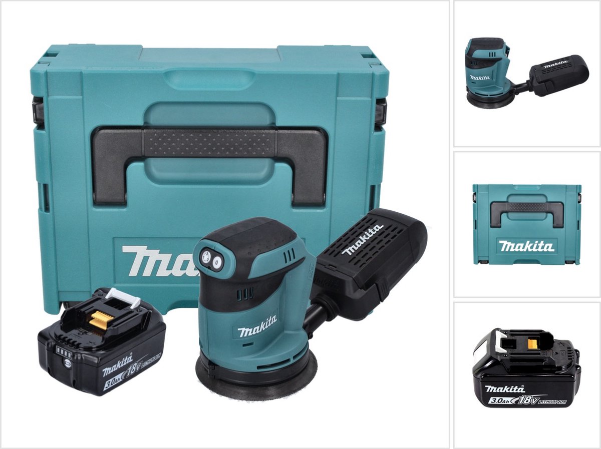 Makita DBO 180 F1J 18 V 125 mm accu excentrische schuurmachine + 1x accu 3.0 Ah + Makpac zonder lader
