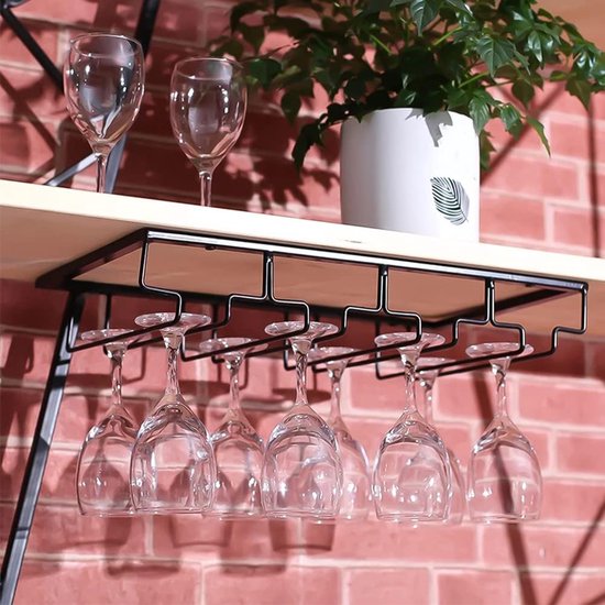 Dicunoy Set van 6 zwarte wijnglazen rek, 30 cm onder kast glaswerk, wandmontage ijzeren wijnglas opknoping rek voor plank, keuken, bar, wijnkelder opslag, organizer, display