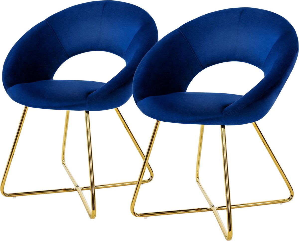 ml-design eetkamerstoelen set van 2 blauw fluweel, woonkamerstoel met ronde rugleuning gestoffeerde met goudkleurige metalen poten, ergonomische eettafel fauteuil keukenstoel kuipstoel kaptafelstoel
