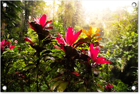 Tuindecoratie Prachtige bloemen middenin de jungle - 60x40 cm - Tuinposter - Tuindoek - Buitenposter