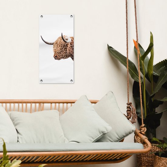 Tuinposter 30x60 cm - Tuindecoratie Schotse hooglander - Panter - Wit - Poster voor in de tuin - Buiten decoratie - Schutting tuinschilderij - Tuindoek muurdecoratie - Wanddecoratie balkondoek