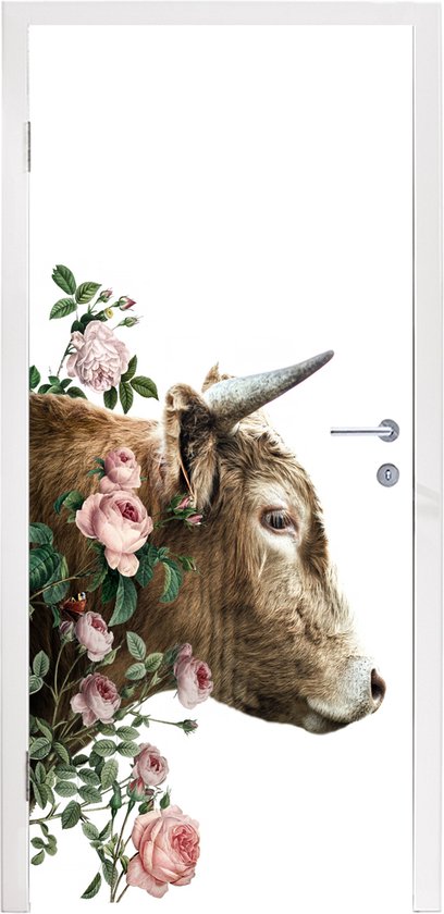 Deurposter 95x215 cm - Deursticker Schotse hooglander - Koe - Bloemen - Meubelfolie zelfklevend - Deurfolie woonkamer - Interieurfolie fotobehang - Deur plakfolie - Deurstickers - Deurbehang sticker - Kamer decoratie