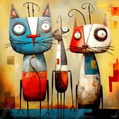 JJ-Art (Canvas) 60x60 | Grappige poezen, humor, abstract, Salvador Dali, Joan Miro stijl, surrealisme, kunst | Poes, kat, blauw, rood, bruin, geel, modern, vierkant | Foto-Schilderij canvas print (wanddecoratie)