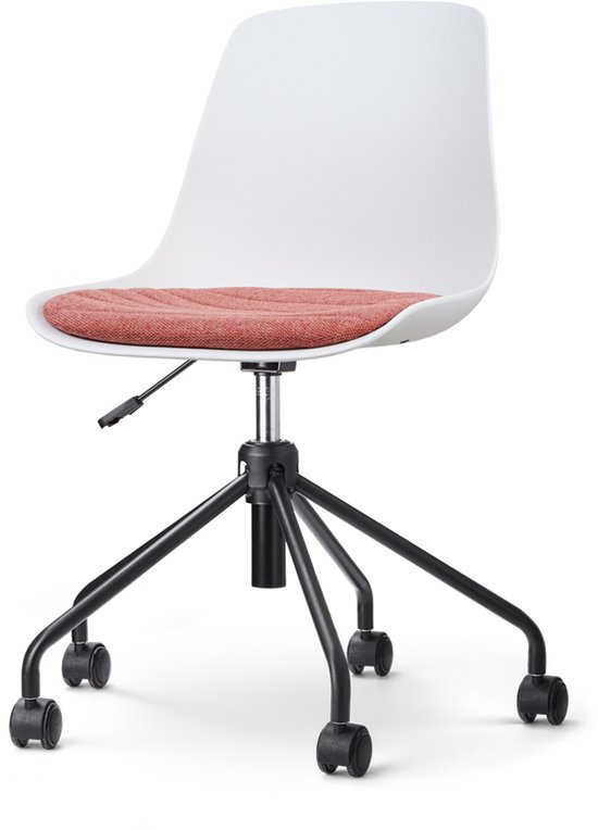 Nolon Nout-Liv Bureaustoel Wit met Terracotta Rood Zitkussen - Kunststof Zitting - Verstelbaar - Wieltjes - Zwart Onderstel