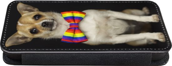Telefoonhoesje Geschikt voor iPhone 11 Pro Max telefoonhoesje - Hond - Strik - Zwart - Met vakjes - Wallet case met magneetsluiting