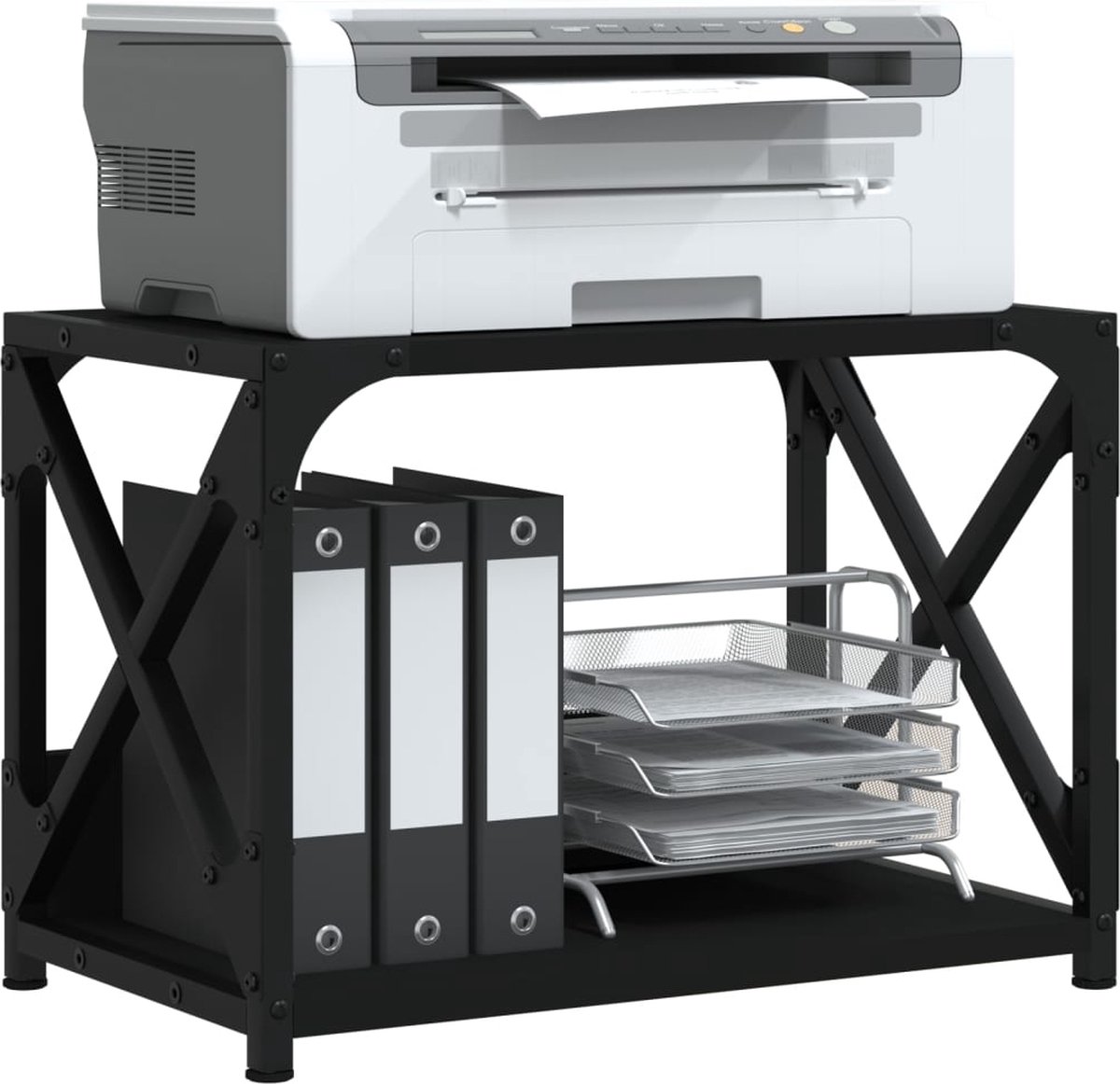 Beroli - Printerstandaard - 2-laags - 44x26x31,5 cm - bewerkt hout - zwart - Organisatie - Kantoor - Werkruimte - Printerkast - Computer - Accessoire - Printeropslag - Verbeter - Productiviteit