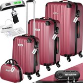 tectake® 4-delige reiskofferset inclusief koffertrolley en bagageweger, 360° wielen, harde koffer met cijferslot, grote koffer, stapelbaar, trolley handbagage - rood