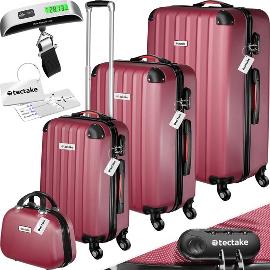 tectake® Set van 3 koffers, Draaibare Wielen, Trolley met Harde Schaal van ABS, Telescopische Handgrepen, TSA-Cijferslot, Reisset met Weegschaal en Bagagelabels - Div Kleuren (Wijnrood
