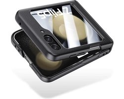 Hoesje geschikt voor Samsung Galaxy Z Flip 5 – Lederen Flip Case met Venster & Scharnierbescherming – Zwart