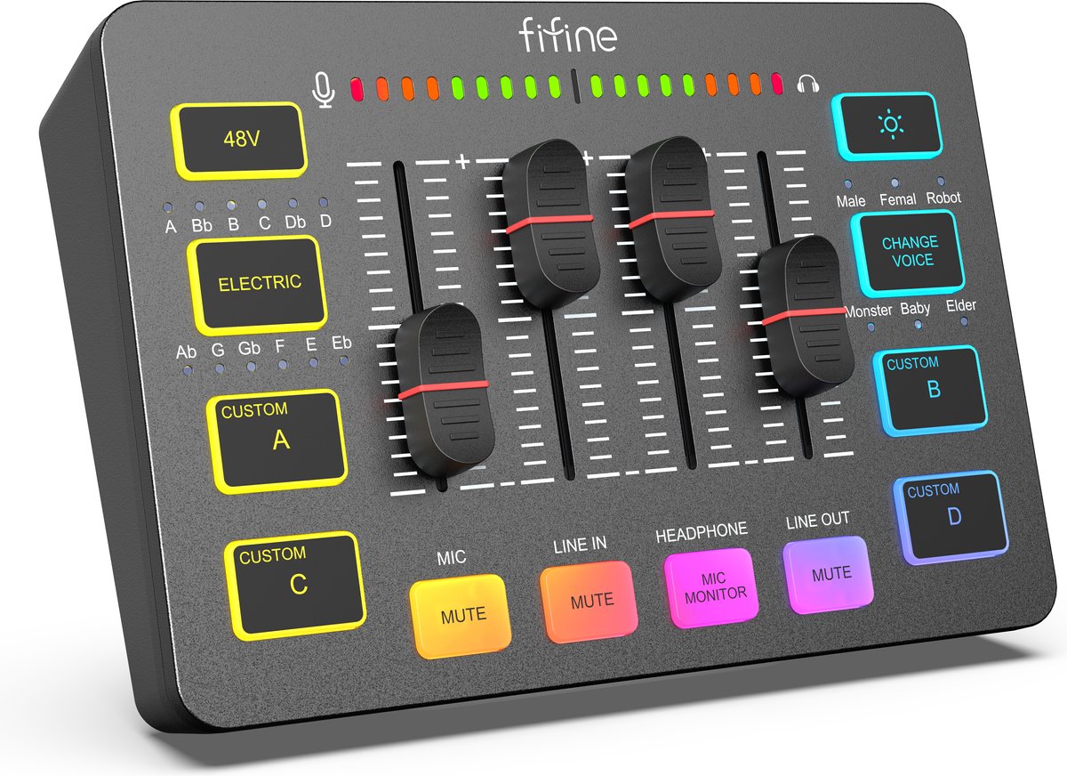 FIFINE - SC3 - Zwart - Streaming Deck - DJ Mixer - Gaming Mixer - Podcast / Stream / Gaming - XLR Aansluiting - Line-in - Voice Changer