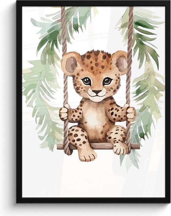 Fotolijst inclusief poster - Posterlijst 60x80 cm - Posters - Luipaard - Dier - Kinderen - Jungle - Kinderkamer - Babykamer - Foto in lijst decoratie - Wanddecoratie woonkamer - Muurdecoratie slaapkamer