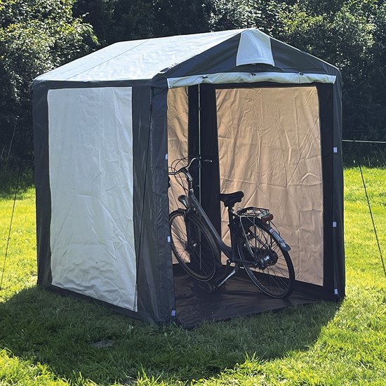 VEVOR Fietshelter voor 1-2 fietsen, ruime opbergtent, waterdicht, waaiervorm, met geventileerd venster, glasvezelpalen, dubbele ritssluiting, Oxford-stof, voor buiten