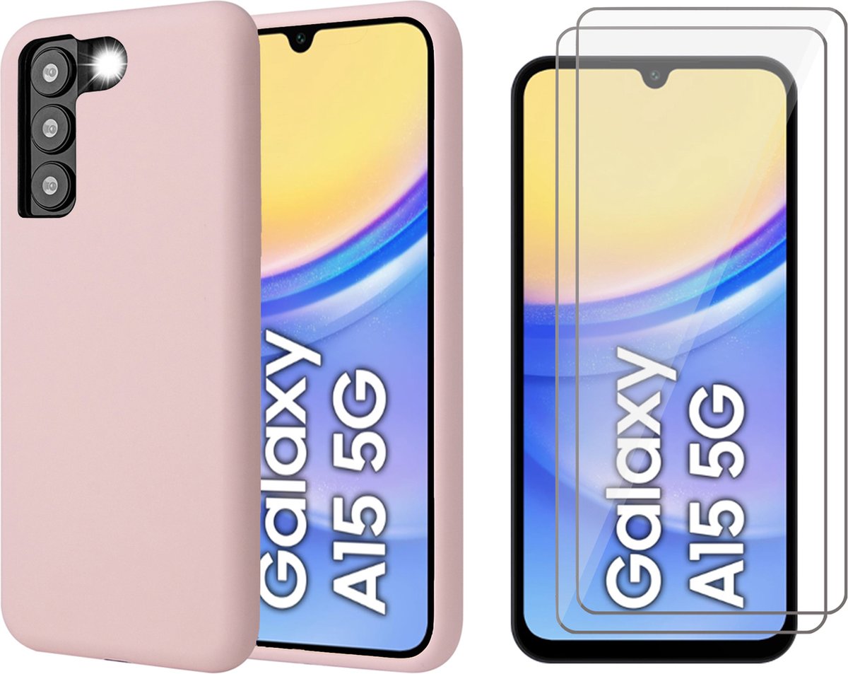 Hoesje geschikt voor Samsung Galaxy A15 - 2x Screenprotector Glas - Mat Back Case Roze