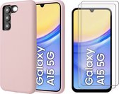 Hoesje geschikt voor Samsung Galaxy A15 - 2x Screenprotector Glas - Mat Back Case Roze