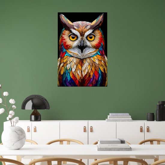 Vitrail Hibou - Peintures sur toile Glas- Peinture oiseau - Décoration murale rurale - Peintures sur toile - Accessoires de bureau - 40 x 60 cm 18mm