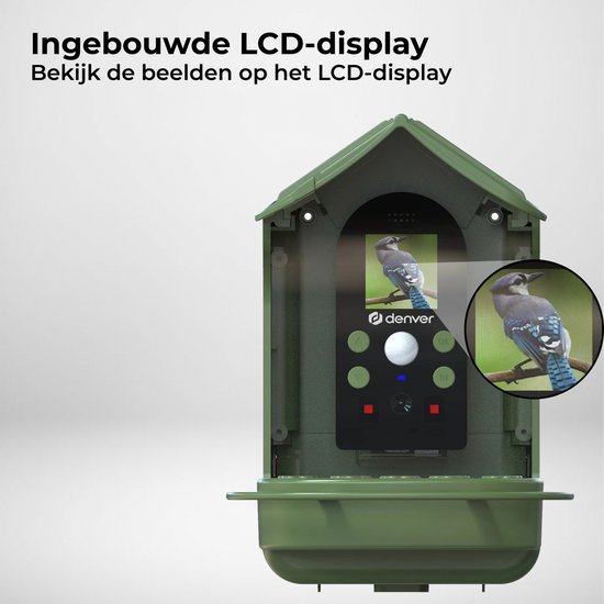Groen vogelvoederhuis met camera en ingebouwd LCD-scherm dat een blauwe gaai toont. "Ingebouwde LCD-display" tekst.