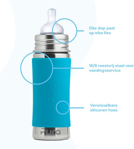 Pura Speenfles 325 ml - Plasticvrij - Drinkfles - Voorkomt Maagkrampen - Vaatwasserbestendig - Inclusief Siliconen Speen, Reisdop en Sleeve - Top is Verwisselbaar - Veelzijdig - Aqua van Merkloos — afbeelding 4