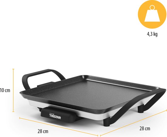Tristar grillplaat 28x28cm met handvatten, 10cm hoog, 4,3kg.