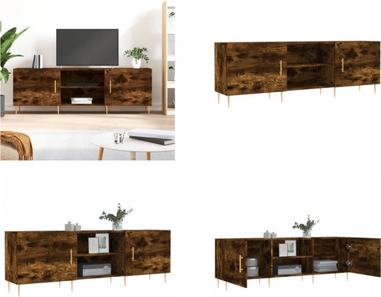 Collage d'un meuble TV brun avec structure à grain, poignées dorées et pieds fuselés.