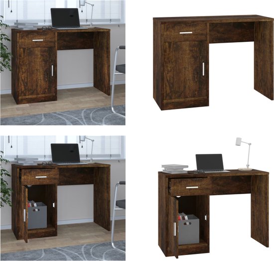 vidaXL Bureau met kast en lade 100x40x73 cm bewerkt hout gerookt eiken - Bureau - Bureaus - Tafel - Computerbureau