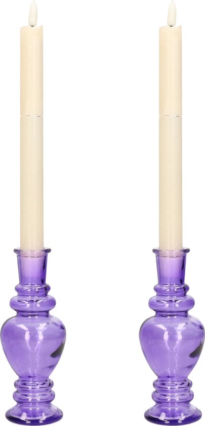 Kaarsen kandelaar Venice - 2x - gekleurd glas - helder paars - D5,7 x H15 cm
