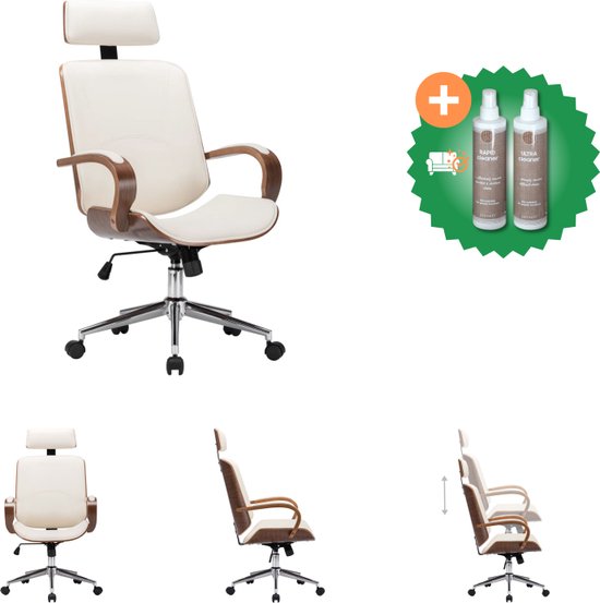 vidaXL Kantoorstoel draaibaar met hoofdsteun kunstleer en hout crème - Bureaustoel - Inclusief Onderhoudsset